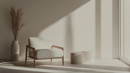 Elegant minimalist lounge area with minimal decor. Featuring clean lines and a relaxed ambiance