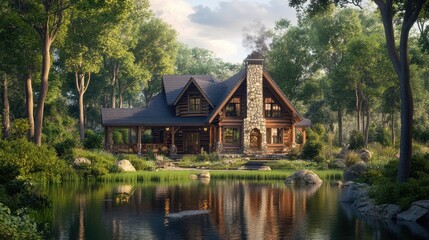 Obraz premium Log Cabin Home Beside Serene Forest Pond