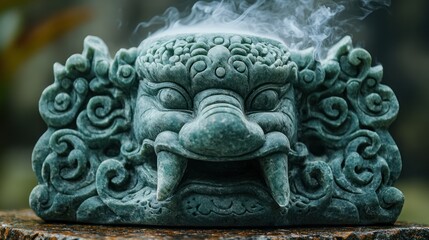 Carved stone incense burner with mythical creature design, emitting smoke.