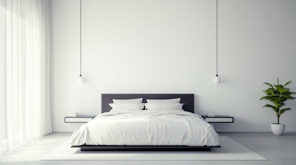 Elegant minimalist master bedroom with minimal decor. Featuring clean lines and a relaxing environment