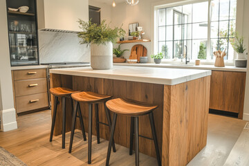 Fototapeta premium Modern kitchen island featuring wooden stools and marble countertop in a bright room