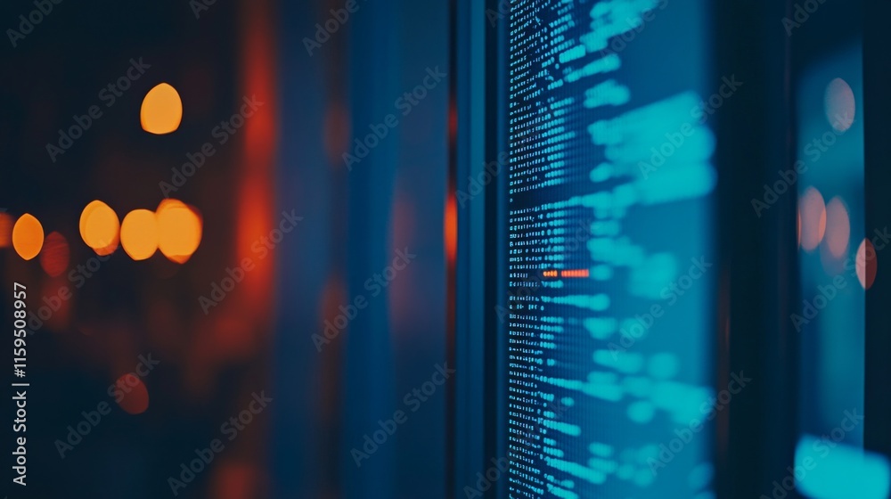 Poster abstract digital data display illuminated by soft bokeh lights, featuring modern technology concepts