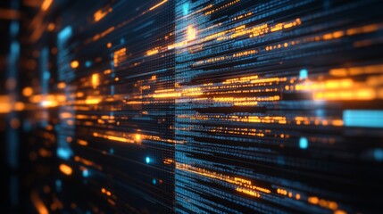 Abstract digital data flow with glowing lines and binary code background for technology, science, innovation, and modern computing themes