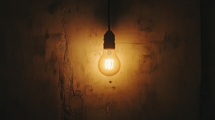 Single glowing lightbulb illuminates dark room creating a warm atmosphere