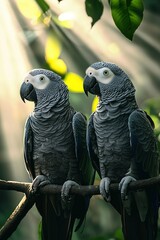 Fototapeta premium Two parrots on a tree branch under golden sunlight with a light ray in the background