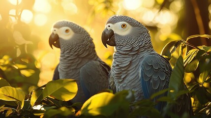 Fototapeta premium Two parrots perch in tree leaves, gazing at camera as sunlight bathes background