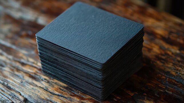 Stack of black business cards on rustic wooden surface ready for distribution