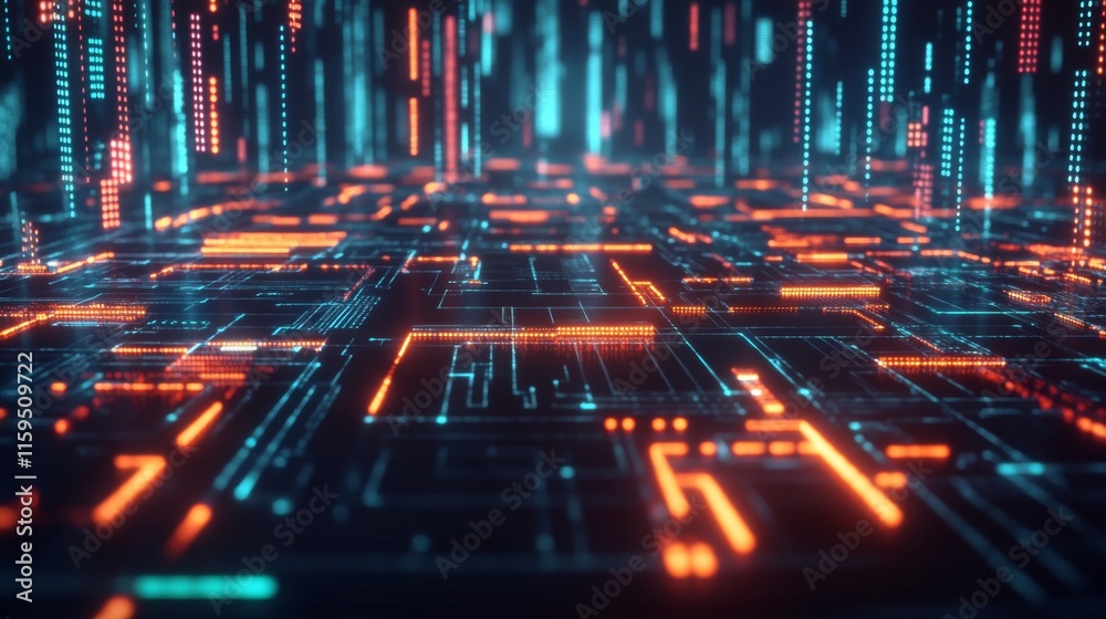 Fototapete Abstract futuristic digital landscape with glowing lines and data streams creating a vibrant, tech-inspired atmosphere ideal for technology and innovation themes