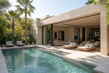 Luxurious swimming pool and travertine patio overlooking living room