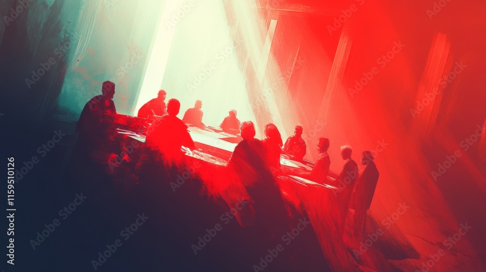 Poster abstract representation of a group meeting in a dramatic setting with silhouettes around a large tab