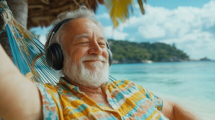 A senior man with headphones relaxes in a hammock on a sunny tropical beach, enjoying holidays.
