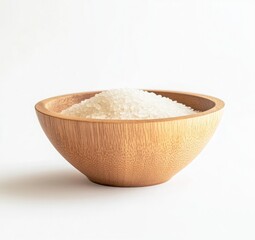 White rice in a wooden bowl, isolated on a white background