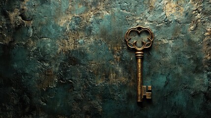 Vintage key resting on a textured surface with rich color variations and intricate design details