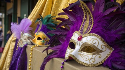 Elaborate Close up of Mardi Gras Masks With Feathers and Gemstones in Vibrant Colors. Generative AI