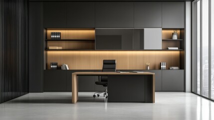 Elegant minimalist office workspace with minimal decor. Featuring clean lines and a streamlined design