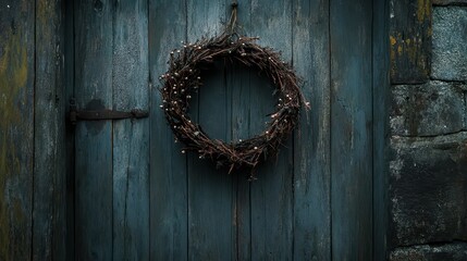 Rustic door adorned with a natural wreath in a serene setting