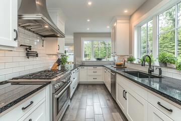 Fototapeta premium Modern white kitchen boasting stainless steel appliances and granite countertops