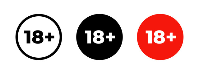 18 icon. Adult content symbol. Eighteen plus only age warning circle. Parental advisory symbol. Under 18 forbidden sign. 18 only prohibition round pictogram vector illustration.