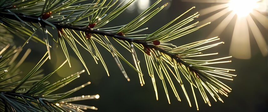 Close up of pine needles with morning dew glistening in soft sunlight - Powered by Adobe