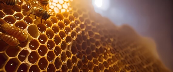 Close up of honeycomb structure filled with glistening honey in natural light