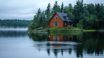 Obraz premium Log Cabin Lakeside Serene Misty Morning Scene