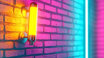 A striking neon light fixture illuminates a colorful brick wall, creating a vibrant atmosphere. This modern design element enhances any interior space with its artistic glow and trendy aesthetics.