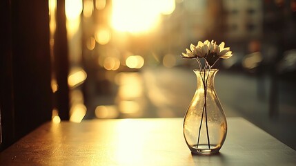   A golden bloom-filled vase rests atop a wooden table, adjacent to a sunlit window