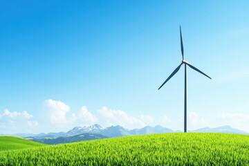 Fototapeta premium close up view of wind turbine on green field with mountains in background, showcasing renewable energy and nature beauty
