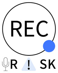 Recording indicator symbol inside circle joined by blue dot, microphone icon, letter R, exclamation mark, and letters SK below. Ideal for broadcast, podcasting, audio recording, caution safety