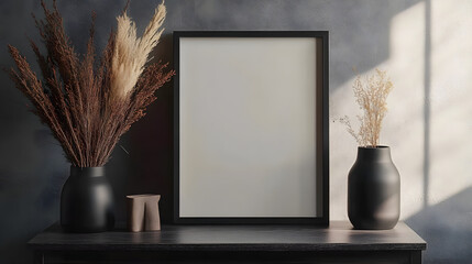 A black vertical frame displaying a blank canvas mockup against a dark grey modern room wall, ideal for product advertising.