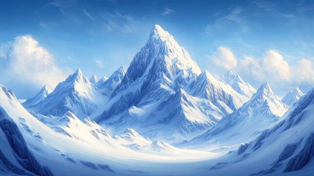 Majestic snow-capped mountains rise under a bright blue sky with fluffy white clouds
