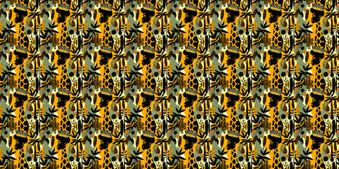 Abstract African art shapes seamless backgrounds, tribal geometric decoration patterns. Colored flat boho symbols illustrations