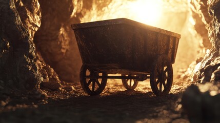 Old mine cart in dark cave lit by sunlight.