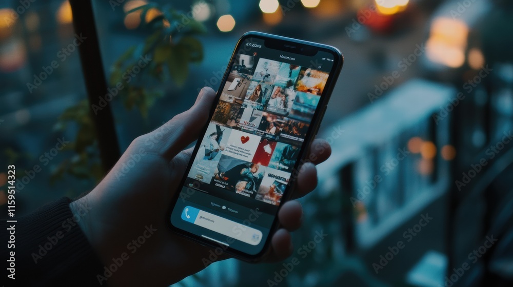 Fototapete News feed on a smartphone screen showcasing various posts and updates from a vibrant social media platform at dusk. Generative AI