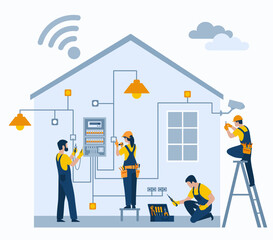 Electricians repair electrical wiring in a home and install motion and temperature sensors to manage energy in the home