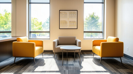 Modern lounge area with bright seating and natural light