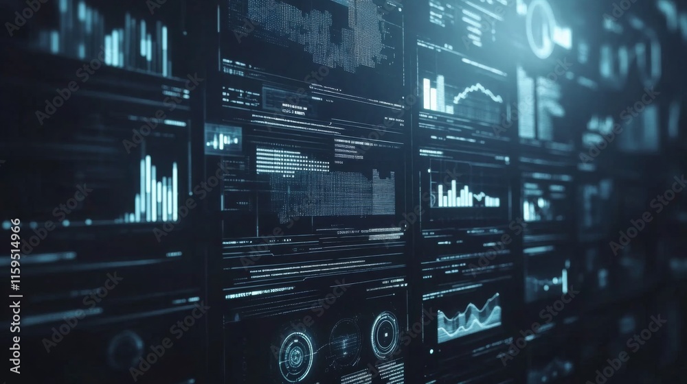 Poster Futuristic Data Visualization Interface with Graphs and Charts on Dark Background Ideal for Technology, Analytics, and Data Science Projects