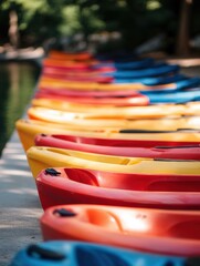 Colorful kayaks lined up by the water. AI.