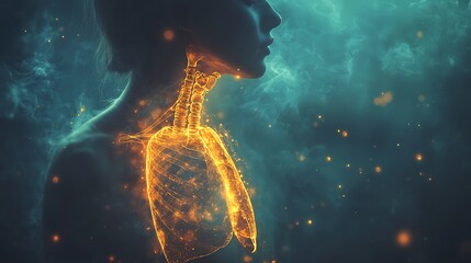 A close-up of a person breathing with awareness, their chest outlined with soft, radiant light that traces the form of their lungs, soft and muted lighting around them, calm and reflective mood