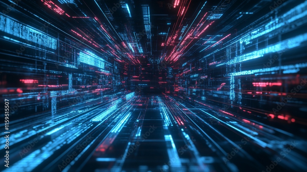 Poster futuristic digital data stream in vibrant blue and red colors, high-speed motion background with glo