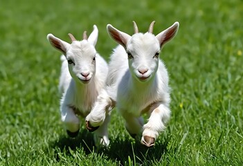Obraz premium Two white baby goats running in green grass