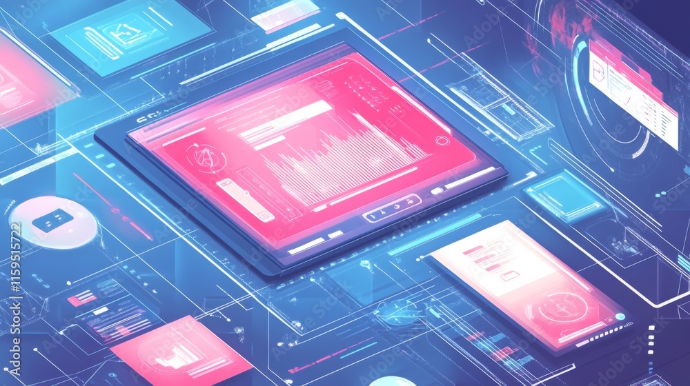 Poster Futuristic Digital Interface with Data Visualization and Analytics Dashboard Featuring Graphs, Charts, and Interactive Elements in a Stylish Abstract Background