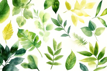 Green Leaf Collection: Artistic Watercolor and Detailed Digital Illustrations Featuring Clovers, Tropical Leaves, Falling Foliage, and Textured Dry Leaves - Perfect for Nature-Themed Designs and Decor
