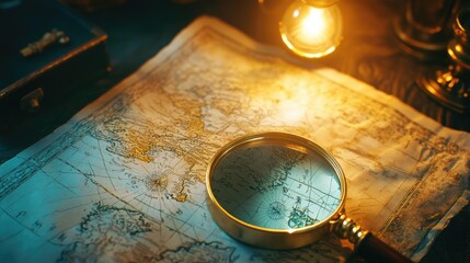 Antique Map Exploration With Magnifying Glass And Lamp