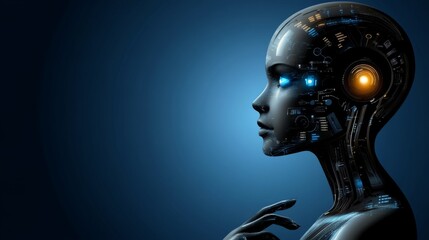 Obraz premium Futuristic Profile of a Robotic Woman with Neon Accents and Digital Elements Against a Dark Blue Background Representing Advanced Technology and Innovation