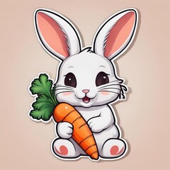 Fototapeta premium sticker of an adorable white bunny with floppy ears, holding a large orange carrot and winking, set against a soft pastel background