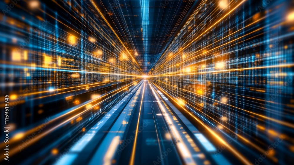 Fototapete High-Speed Abstract Digital Data Stream with Bright Lights Representing Technology, Innovation, and Modern Aesthetics in a Futuristic Environment