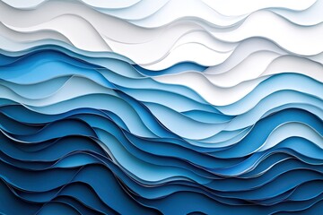 A modern abstract paper - cut wave design in blue and white hues