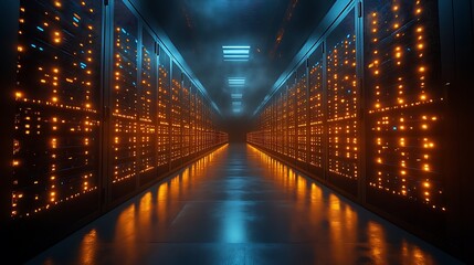 Dark server room with glowing racks. (2)