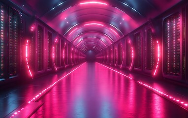 Fototapeta premium Futuristic pink neon tunnel with servers.